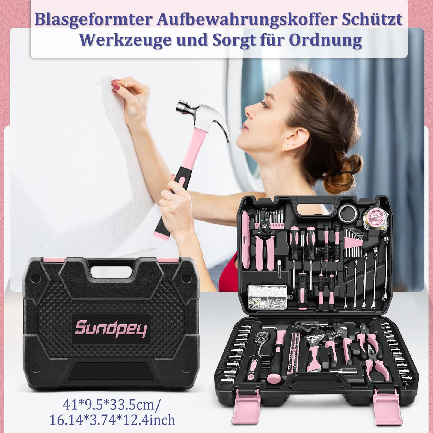 Sundpey Tool Box Filled 281pcs - Portable Complete Tool Sets Tool Box with Socket Set Screwdriver Set Metric Allen Wrench Pliers Tool Case Pink