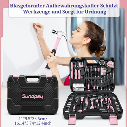 Sundpey Tool Box Filled 281pcs - Portable Complete Tool Sets Tool Box with Socket Set Screwdriver Set Metric Allen Wrench Pliers Tool Case Pink