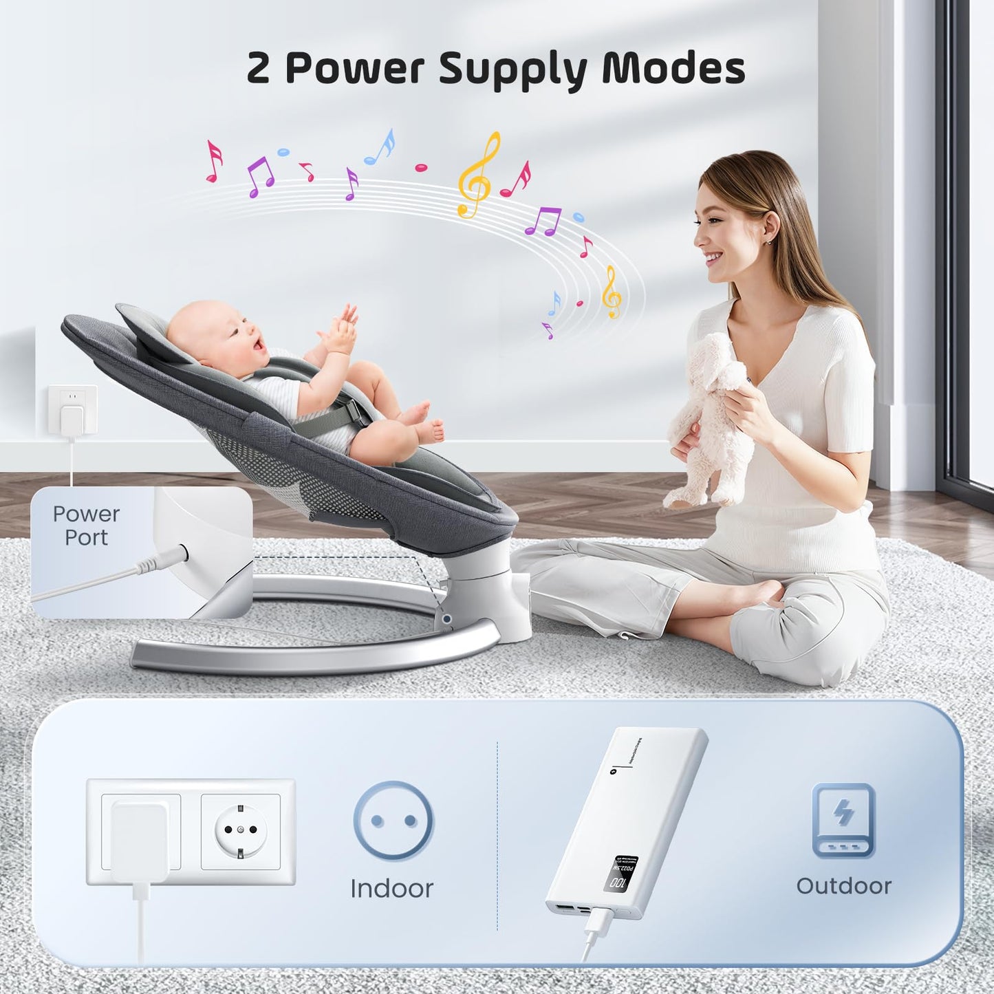 Kotsy Baby Bouncer Electric with APP control adjustment, electric baby swing with 5 natural swinging speeds, with timing, with remote control, 0-9 kg, music, toys.