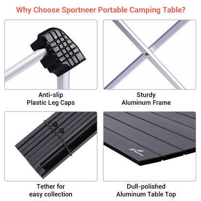 Sportneer Camping Table, Folding Camping Table, Aluminium Camping Table Lightweight with Bag, Easy to Carry, Foldable Table Perfect for Picnic Cooking Garden Hiking Travel, Black, M