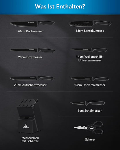 ACOQOOS Knife Block with 10 Pieces of Knives, Knife Set with Built-in Sharpener for Kitchen Use - Black kitchen knife Set