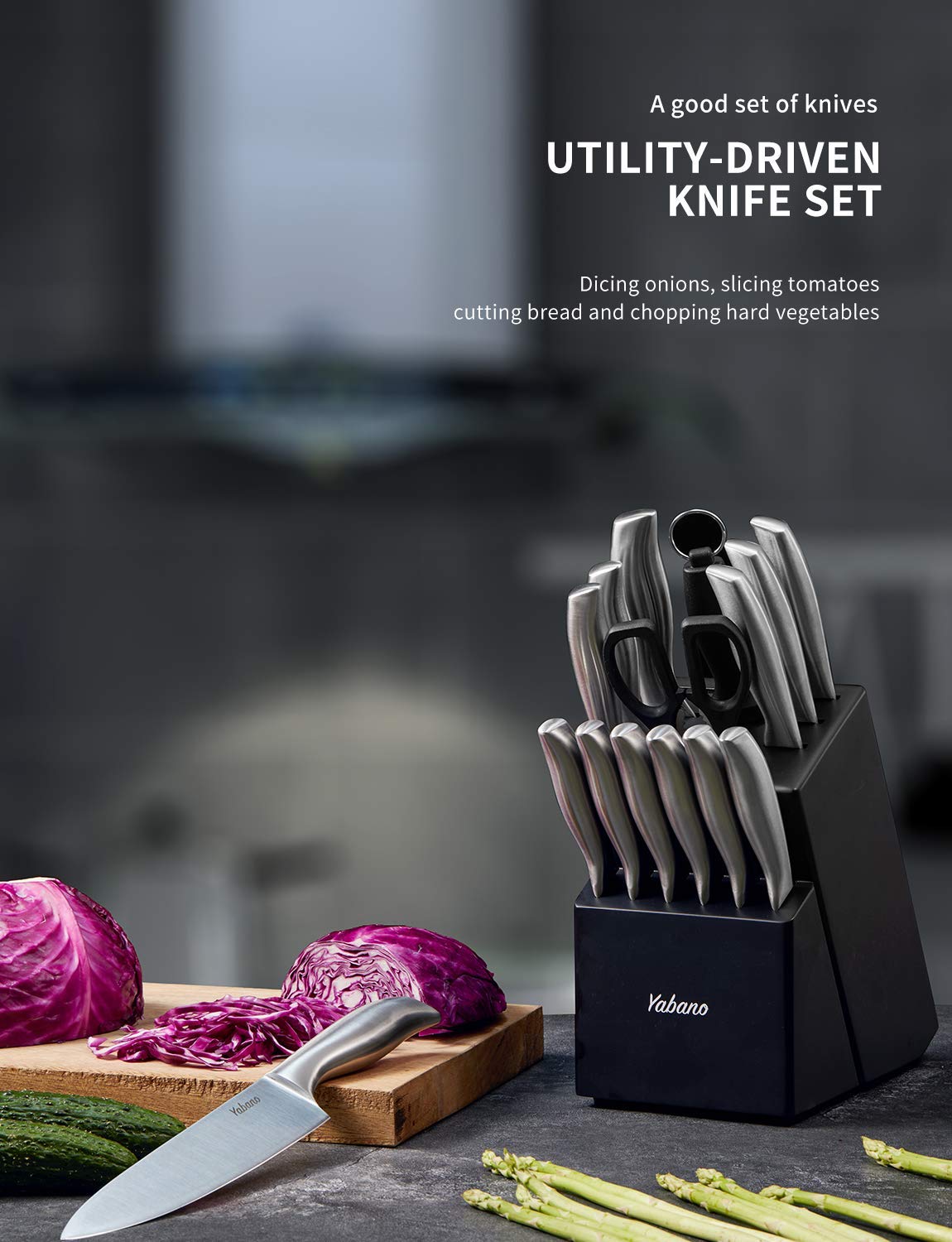 Yabano Knife Block Professional Knife Set, 16-Piece Stainless Steel Kitchen Knife Set with Wood Block, Knife Set, Knife, Black