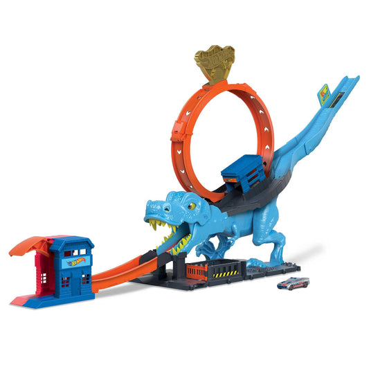 Hot Wheels City T-Rex Attack - Skill through precise timing, police station, loop, dinosaur, cross-eyed, for kids ages 4 and up, HNP77