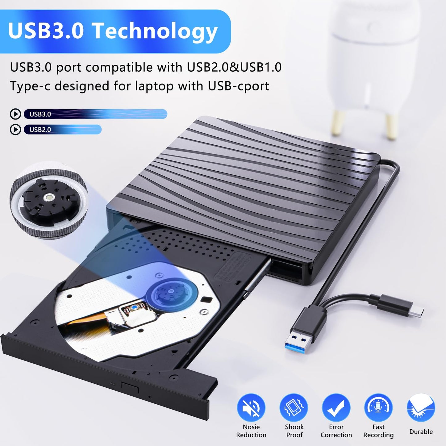 QDSYLQ External DVD Drive, USB 3.0 & Type-C Portable CD DVD +/-RW Burner Optical Drive External DVD Drive for Laptop, PC, Desktop, MacBook, iMac, Windows 11/10/8/7/XP/Linux/Vista/MacOS
