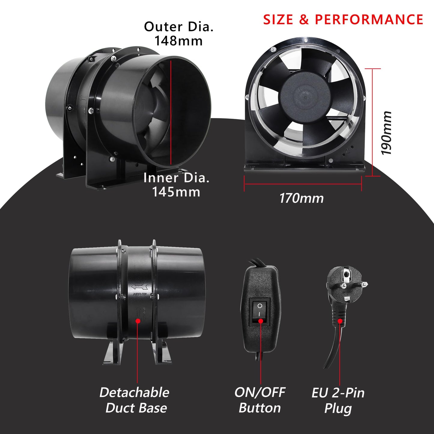 Ø150mm Axial Tube Fan, Exhaust Fan Duct Fan Ventilator with On-Off Switch, 2m Duct Hose for Garage, Office, Grow Tent