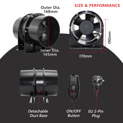 Ø150mm Axial Tube Fan, Exhaust Fan Duct Fan Ventilator with On-Off Switch, 2m Duct Hose for Garage, Office, Grow Tent