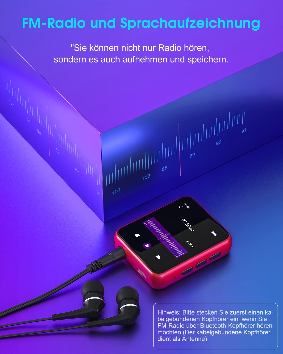 32GB MP3 Player Bluetooth 5.0, HiFi Lossless Sound Music Player with Speaker, Line-in Voice Recorder, FM Radio, 1.8" Full Touchscreen, Support up to 128 GB (with Headphones, Case)