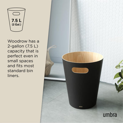 Umbra Woodrow Waste Bin - Two-Tone Wood Trash Can for Office, Bathroom, Living Room, and More, 7.5L Capacity, Natural/Black
