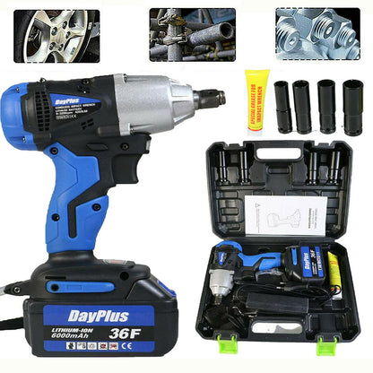 Autofather 18V Cordless Impact Wrench 420Nm torque, 2900rpm, 1/2" anvil; 6000mAh battery, fast charger, 4 sockets (17/19/20/22 mm), belt clip, and carrying case included.