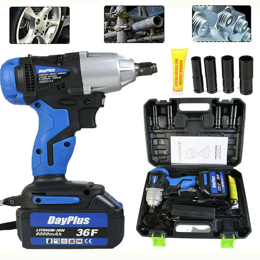 Autofather 18V Cordless Impact Wrench 420Nm torque, 2900rpm, 1/2" anvil; 6000mAh battery, fast charger, 4 sockets (17/19/20/22 mm), belt clip, and carrying case included.