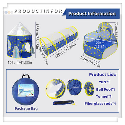 Benebomo play tent with tunnel, 3 in 1 Blue Rocket Tunnel Tent for kids, indoor children's tent, yurt, ball pit, crawl tunnel, crawling tunnel with tent, play tent for boys/girls.