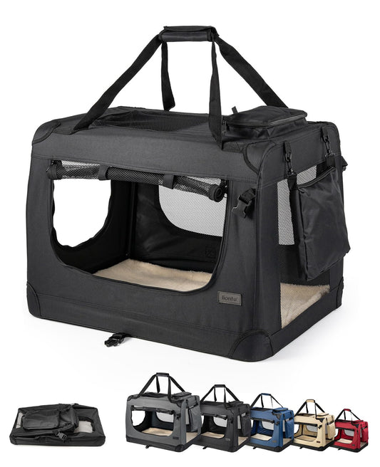 lionto Dog Transport Box foldable for travel & car, 60x42x44 cm, stable transport box with handles & blanket for cats & dogs up to 12 kg, sturdy fabric dog crate for small & large breeds, black