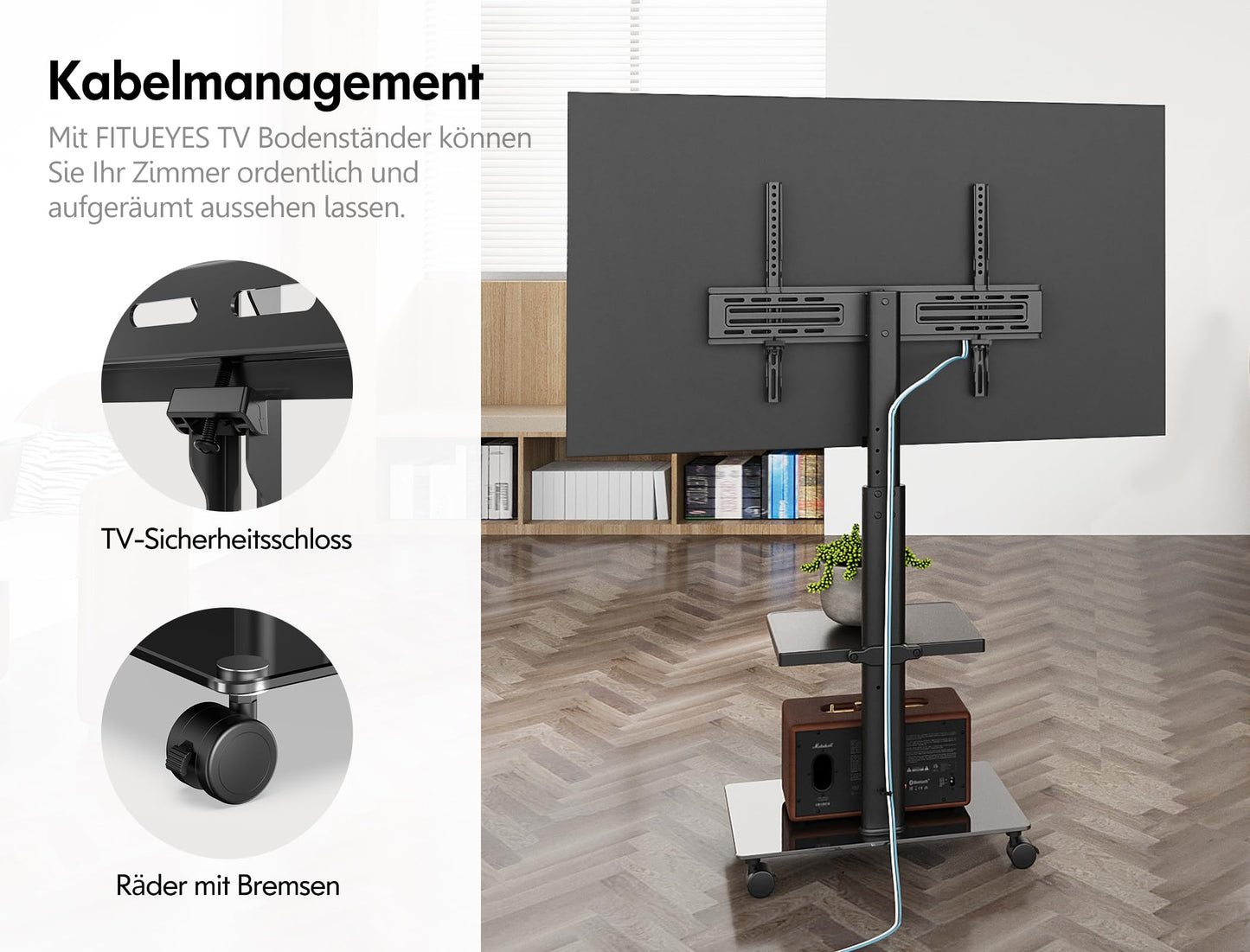 FITUEYES TV Stand Rolling TV Cart 2 Shelves Base TV Stand with Shelf adjustable height swivel for 32 to 60 Inch Flat & Curved TVs up to 30kg Max.VESA 600 * 400