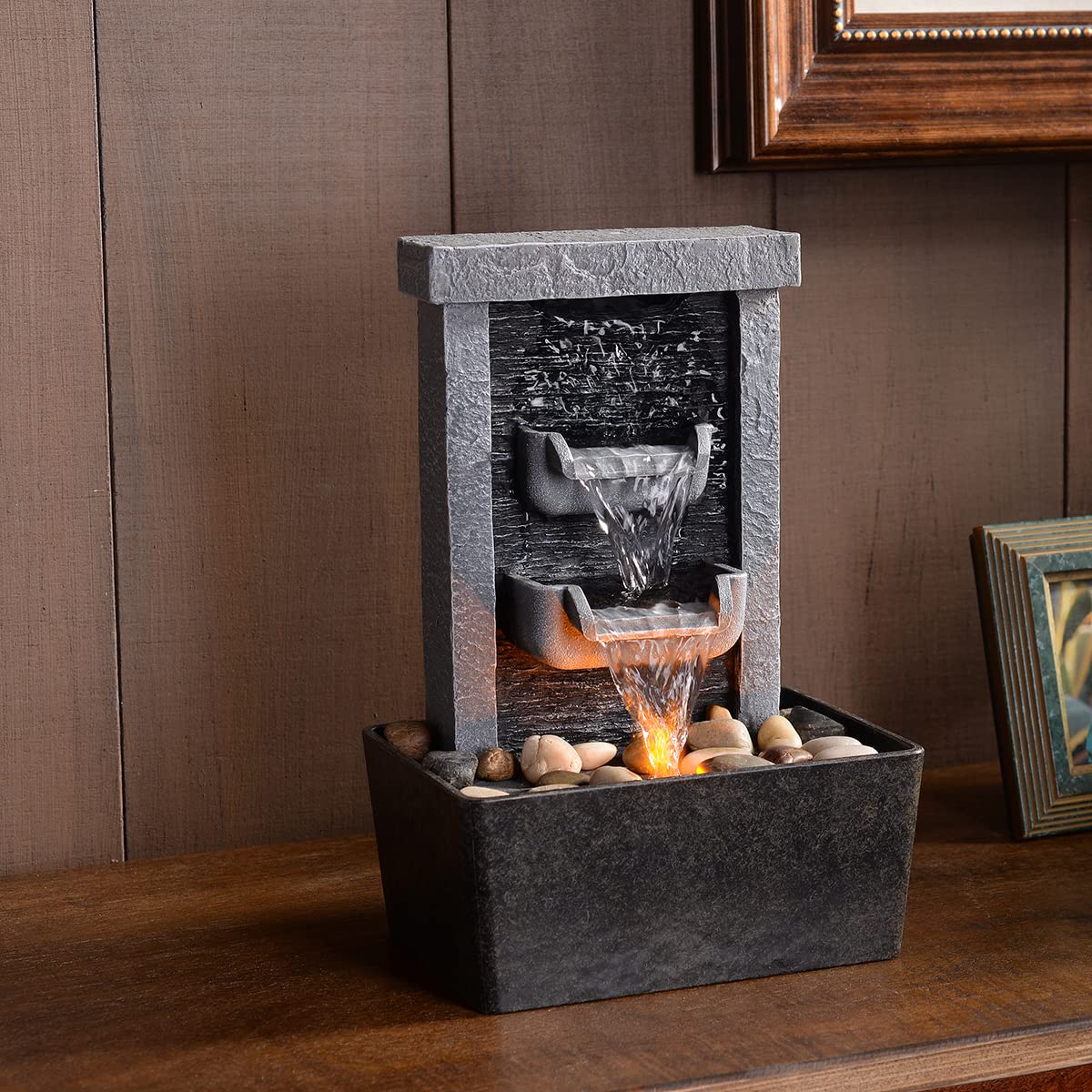 Waterfall fountain for indoor use, relaxation, high-pressure water pumps, tabletop fountain, water fountain with reflective lighting/river rocks, home/office decor (21097)