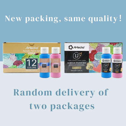 Artecho Metallic Acrylic Paint Set 12x59ml, Non-toxic metallic colors, waterproof and lightfast, fast drying, perfect for canvas, paper, and fabrics.