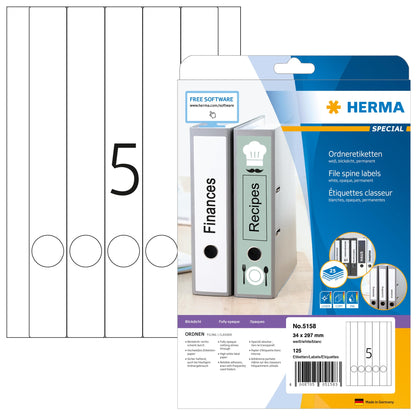 HERMA 5158 folder spine labels long and narrow, 800 sheets, 34 x 297 mm, 5 per A4 sheet, 4000 pieces, self-adhesive, printable, opaque, blank paper folder labels stickers, white