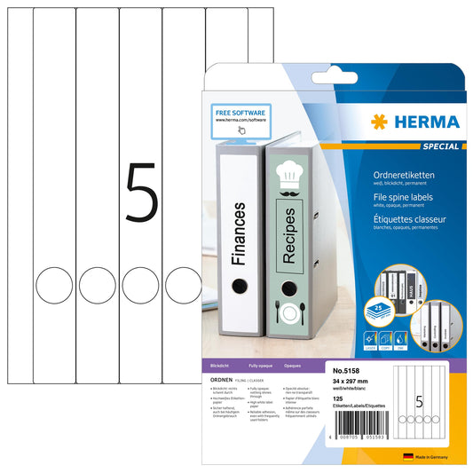 HERMA 5158 folder spine labels long and narrow, 800 sheets, 34 x 297 mm, 5 per A4 sheet, 4000 pieces, self-adhesive, printable, opaque, blank paper folder labels stickers, white