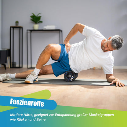 Gymerk fascia roller set with large duo ball, fascia ball, and small fascia roller. Ideal for back, spine, leg stretches, and fascia training. Includes training posters.