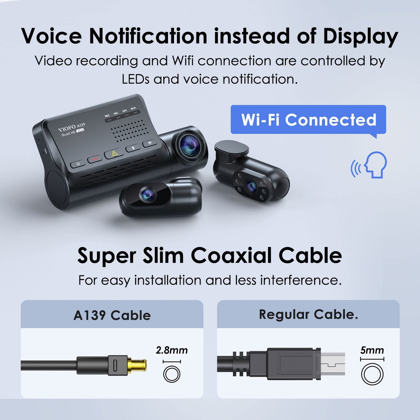 VIOFO A139 3-channel 5GHz WiFi dashcam with mobile monitoring, built-in GPS with CPL filter, 1440P + dual 1080P cameras, 2560P X 1440P 60fps front, 24-hour parking mode with IR night vision, and a max of 256GB storage capacity.