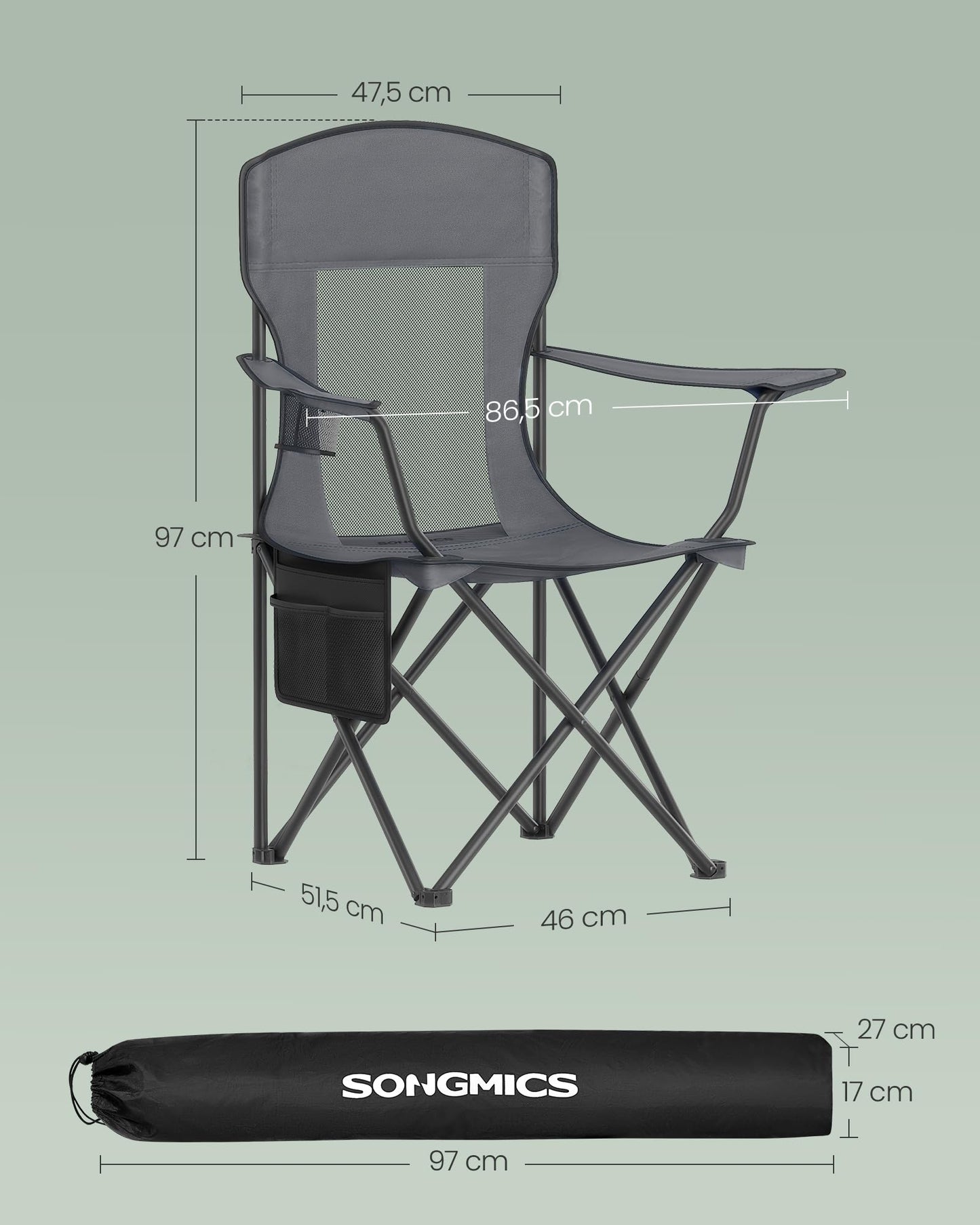 SONGMICS 2-pack camping chair, foldable outdoor chair, fishing chair, high backrest, adjustable armrests, drink holder, up to 150 kg load capacity, camping garden, slate grey GCB028G01
