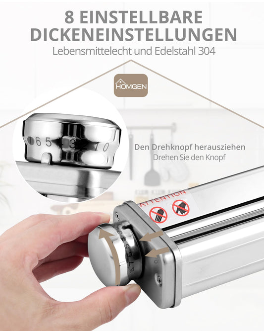 HOMGEN Pasta Attachment Set for KitchenAid stand mixers, including pasta sheet roller, spaghetti cutter & fettuccine cutter. Stainless steel pasta roller accessory with 8 adjustable speeds, 3 parts.