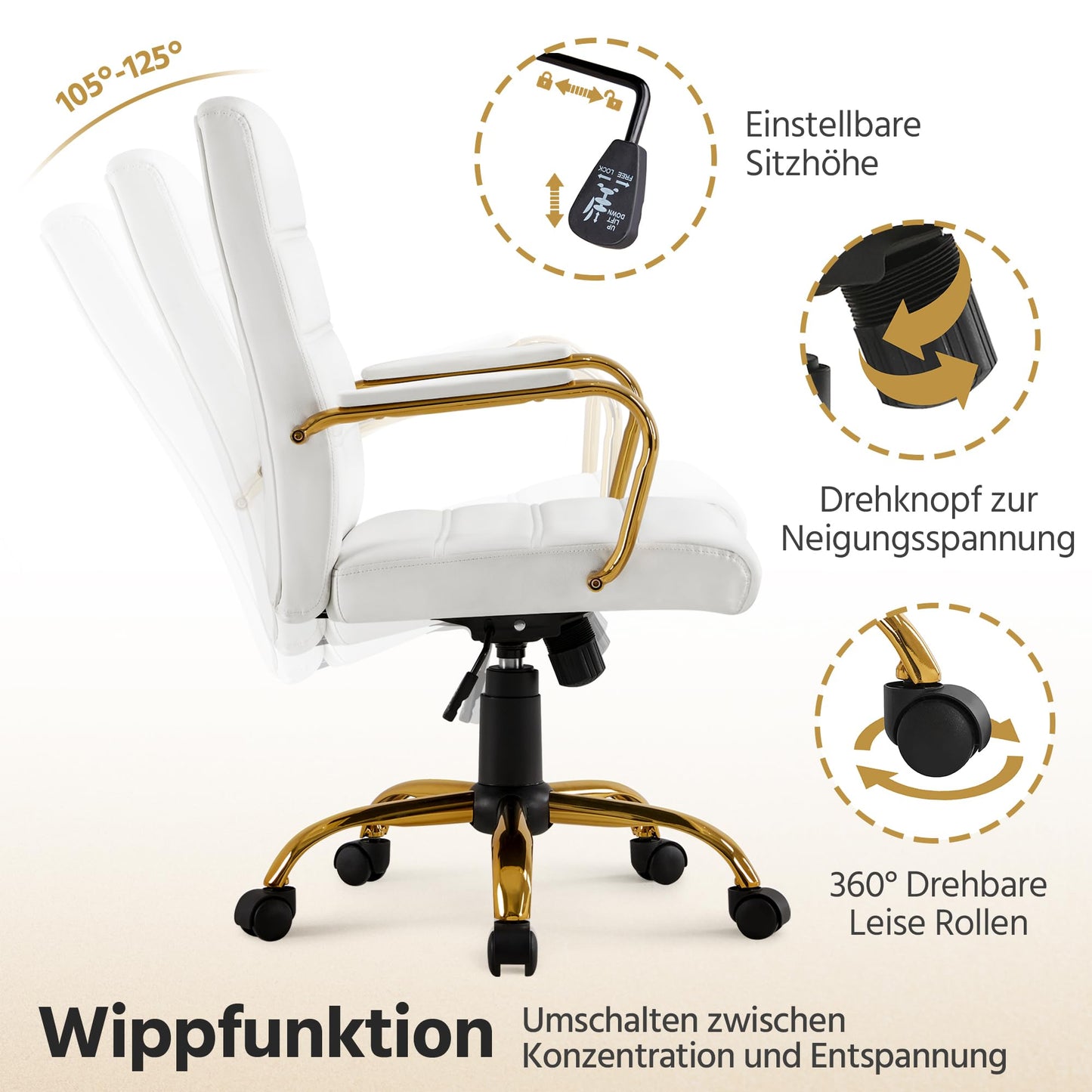 Yaheetech office chair ergonomic desk chair, swivel chair with casters, office stool with armrests, work chair with backrest, executive chair load capacity up to 130kg White/Golden.