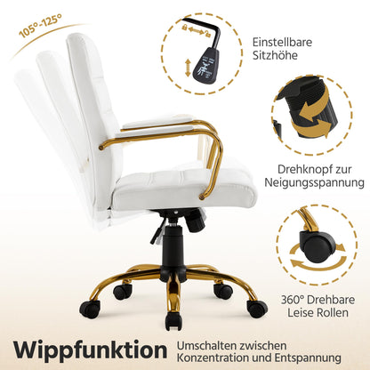 Yaheetech office chair ergonomic desk chair, swivel chair with casters, office stool with armrests, work chair with backrest, executive chair load capacity up to 130kg White/Golden.