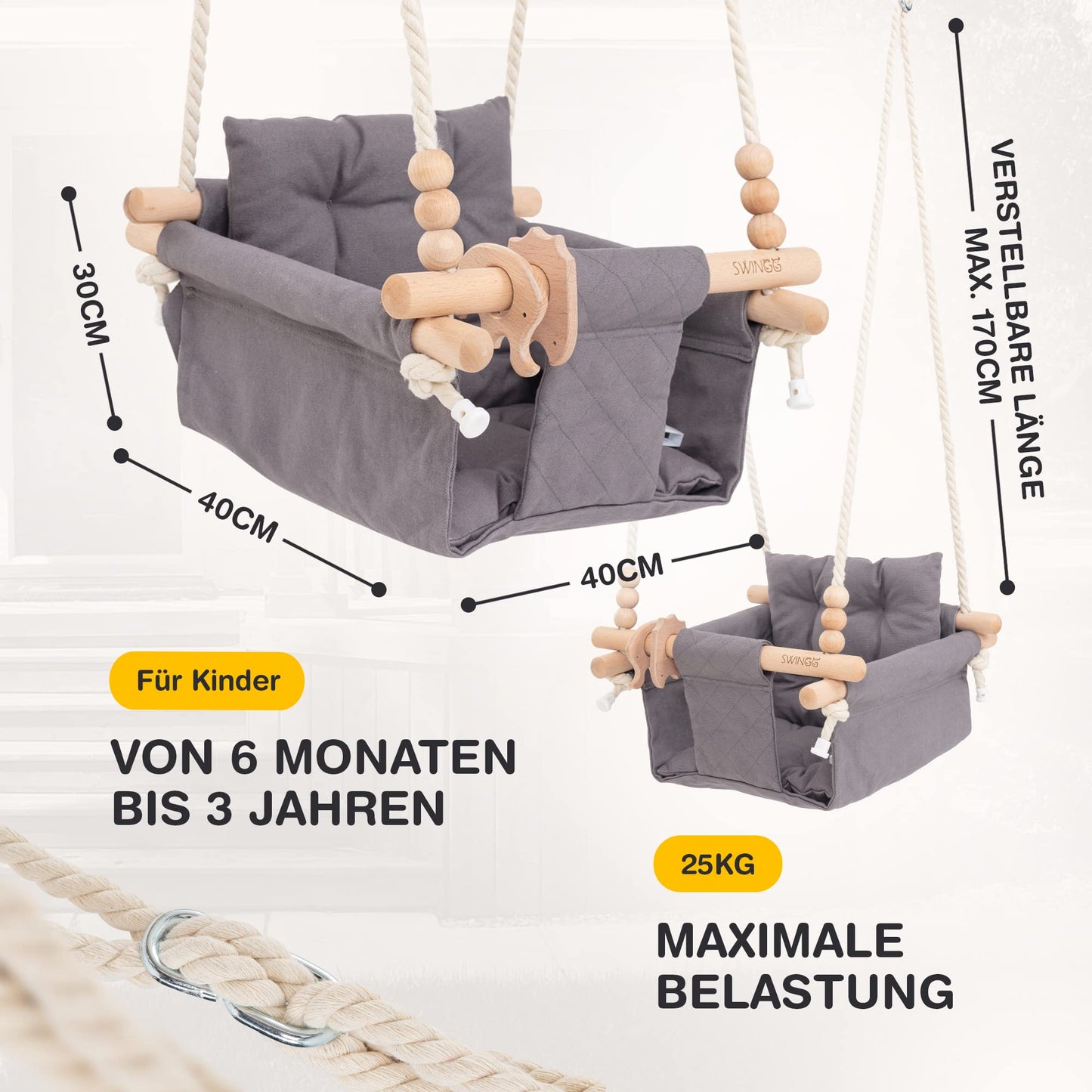 SWINGG® Baby Swing Indoor Outdoor - Comfortable baby swing with safety belt | sturdy mounting set & anti-slip seat cushion | Door frame swing made of wood & cotton, certified for EU.