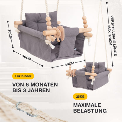 SWINGG® Baby Swing Indoor Outdoor - Comfortable baby swing with safety belt | sturdy mounting set & anti-slip seat cushion | Door frame swing made of wood & cotton, certified for EU.