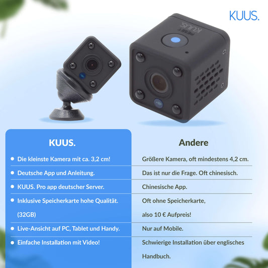 KUUS C2 Mini Camera with motion sensor: compact and mini indoor surveillance camera, live transmission on mobile and WiFi camera, WiFi APP mini camera with recording | Updated New 2024 !