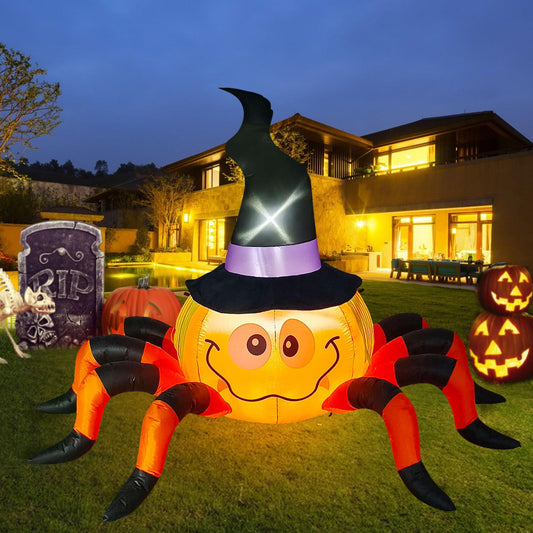 Kalolary 6.5FT Inflatable Pumpkin Spider with Witch Hat - Halloween decoration for indoor and outdoor use