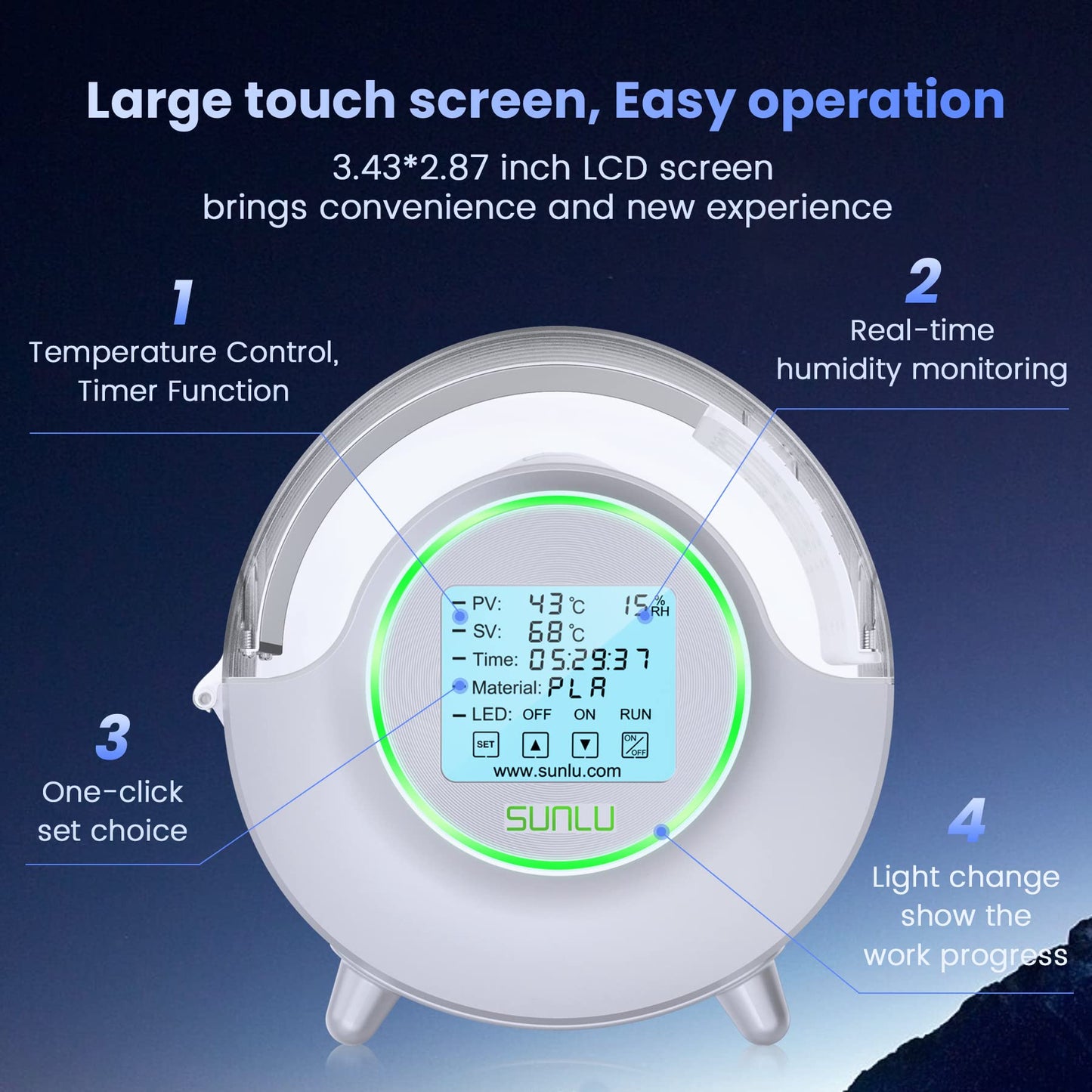 SUNLU Official Filament Dryer S2 with Fan, 360° Surrounding Heating 3D Printer Filament Dryer, 70℃ Max Temperature Efficient Drying, PLA PETG TPU ABS PA PC 3D Filament Dryer Box SUNLU S2, (White)