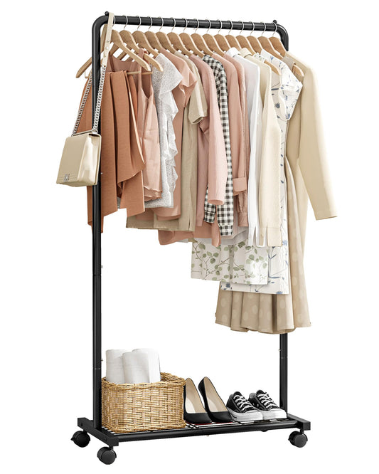 Sakugi clothes rack - rolling clothes rack, garment rack with storage shelf, sturdy metal coat stand for dresses, clothes, sweaters, coats, Clothes Rack (Black, Medium)