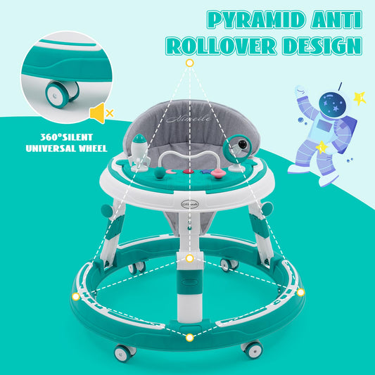 3 in 1 baby walker, height adjustable & foldable, with over-rolling walking wheels, stable tray, and toy center. Suitable for babies from 6 months old. (Blue)