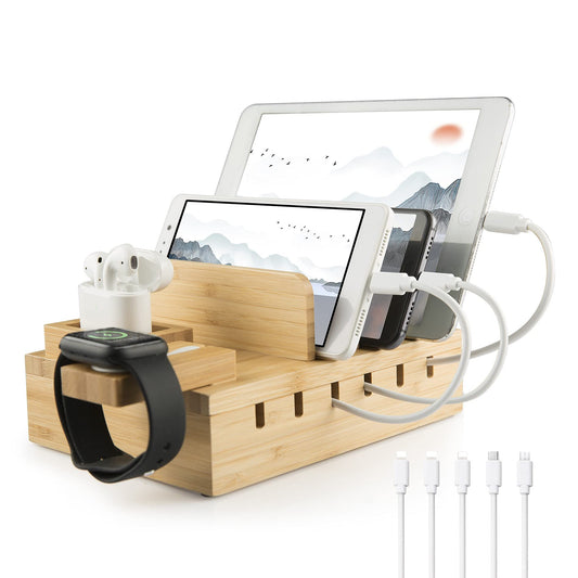 YOJA Bamboo Multi-Device Charging Station, YOJA 5-Port USB Multi-Charging Station, Wood for Phone, Tablet, Watch, Headphones, Earphones, USB Charger with 5 Short Cables, Bamboo Design.