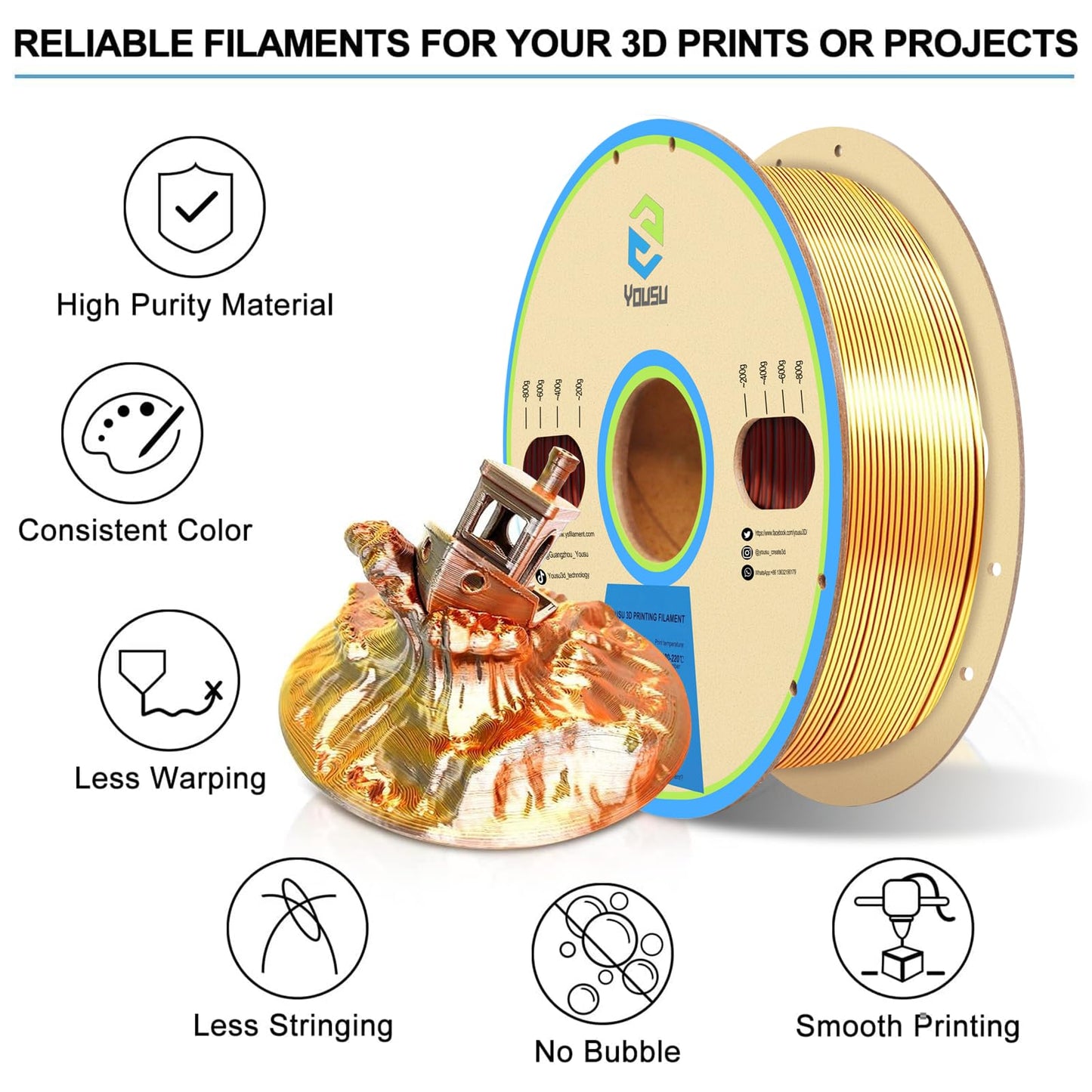 YOUSU Tricolor PLA Filament, 3D Printer Filament 1.75mm(±0.03mm), Silk Gold/Copper/Black Tricolor Filament, Compatible with Most FDM Printers, 1kg/2.2lbs