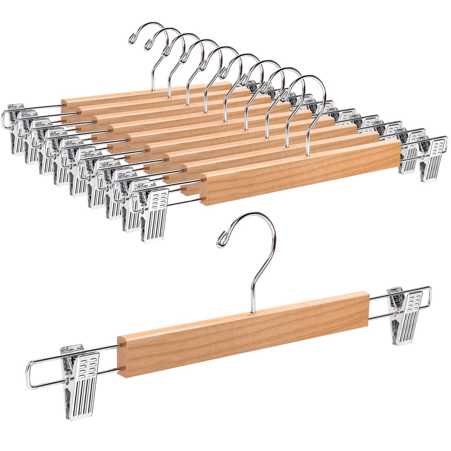 Amber Home 10PCS 36cm Natural Wood Hangers, Sturdy and Glossy Pants Hangers for Trousers Shorts Skirt Socks Underwear, with Non-slip Clips and Swivel Hook