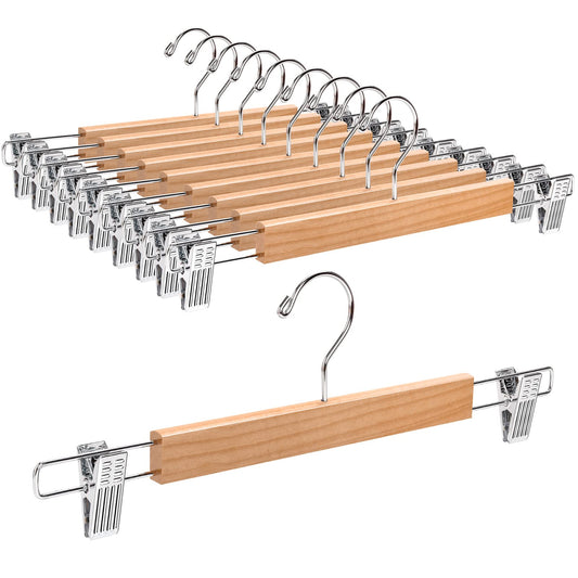 Amber Home 10PCS 36cm Natural Wood Hangers, Sturdy and Glossy Pants Hangers for Trousers Shorts Skirt Socks Underwear, with Non-slip Clips and Swivel Hook