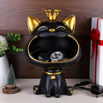 BLOOOK Laughing Cat Figurine Statue, Maneki Neko Fortune Cat Sculpture, Kawaii Cat Decor Gift, Key Tray, Jewelry Tray, Modern Decor for Living Room Home Entryway Furniture (Black)