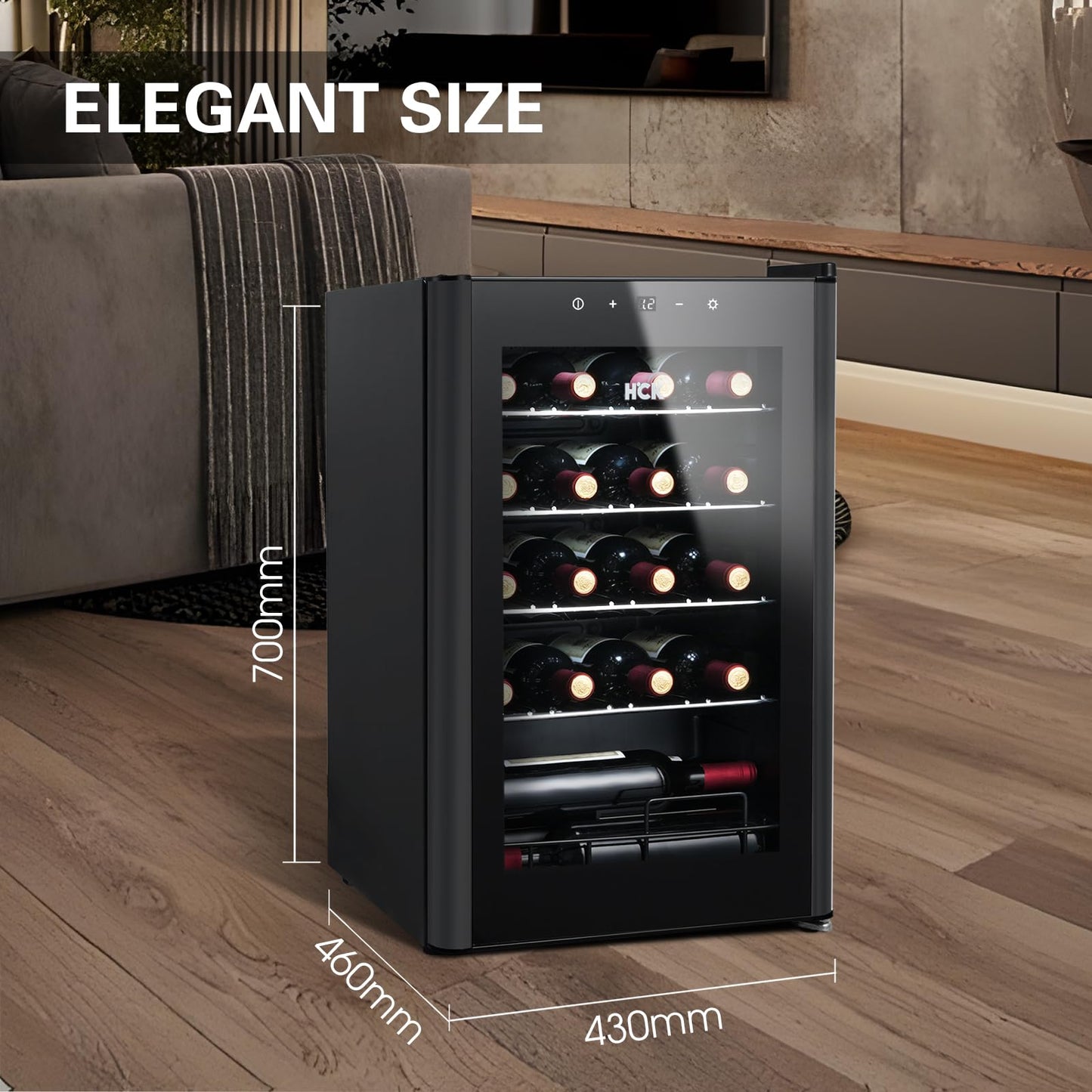 HCK 70L Wine Cooler for 24 bottles, 4-22°C Wine Fridges Bottle Cooler, Beverage Cooler with Glass Door, Quiet Wine Cabinet, Frost-Free Glass Door, Full Glass Touch Panel, Black