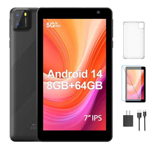 7-inch BAKEN tablet, Android 14 tablet with 8GB RAM+64GB ROM, 1TB expansion, Octa-Core processor tablet PC, 600 x 1024 IPS HD screen, 3500mAh battery, dual camera, WiFi (Black).
