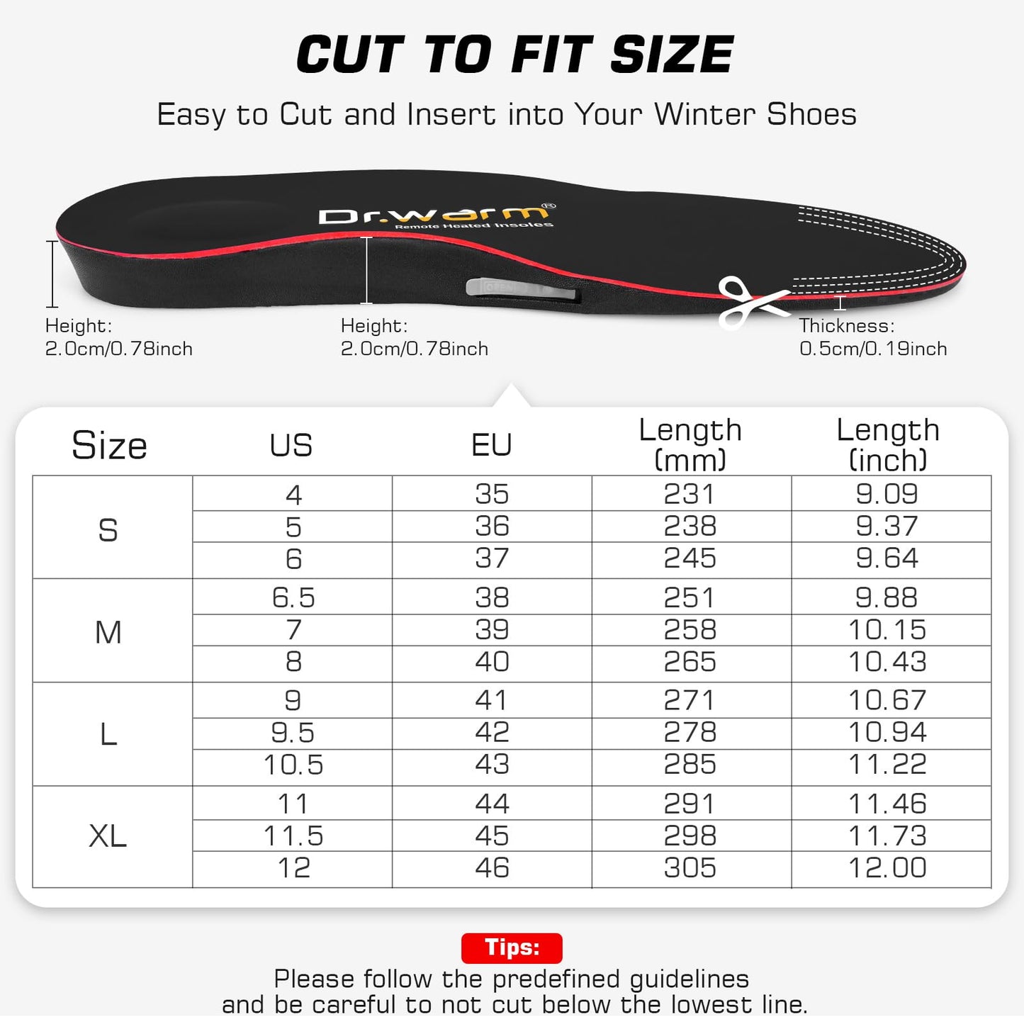 Dr. Warm Heated Insoles, Remote Control Thermal Insoles, Rechargeable Heated Shoe Inserts for Men & Women, Foot Warmers for Camping, Hiking, Skiing, and Outdoor Work (Black, S)