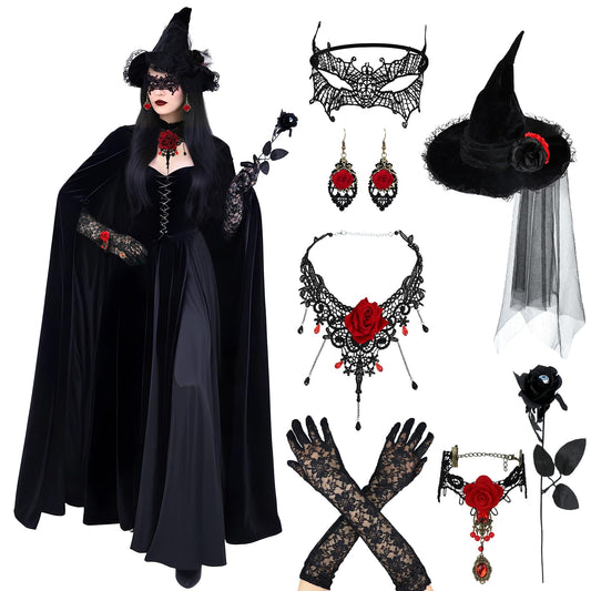 FHzytg Witch Costume Women Halloween, Halloween Costume Women with Black Cape, Lace Mask Necklace Gloves, Halloween Witch Hat, Vampire Sexy Creepy Witch Costume Cosplay Party