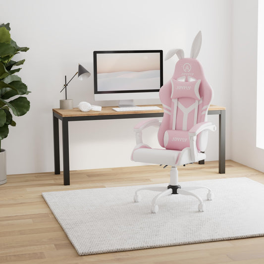 JOYFLY Pink Gaming Chair with High Back Office Chair PU Leather Gaming Seat with Lumbar Support for Girls PC Chair Ergonomic Gaming Chair, Headrest Lumbar Support (Pink)