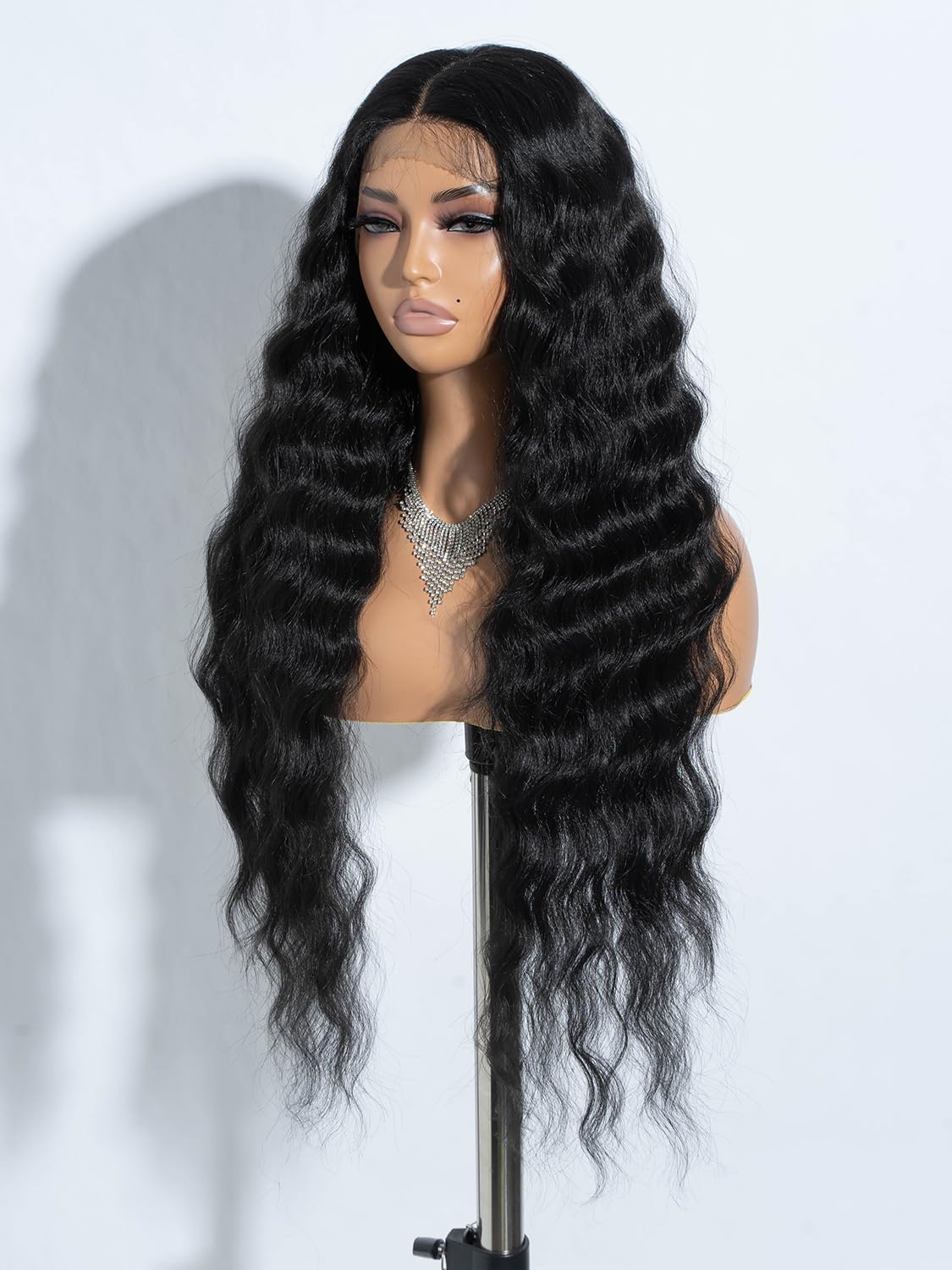 Joedir Lace Front Wigs 76CM long wavy synthetic wig deep part HD transparent lace with baby hair for women 130% density wigs (black)