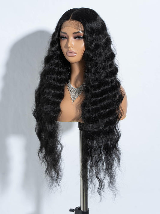 Joedir Lace Front Wigs 76CM long wavy synthetic wig deep part HD transparent lace with baby hair for women 130% density wigs (black)