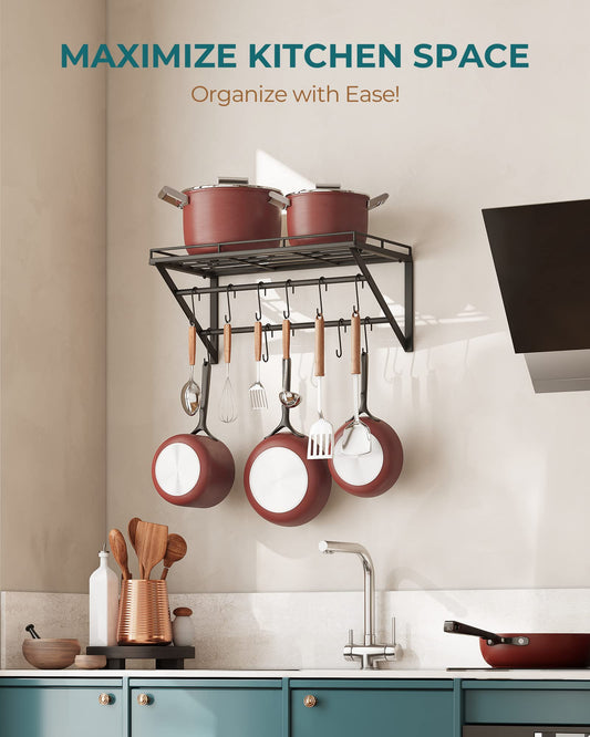 OROPY Pot Rack, 3-Tier Iron Kitchen Shelf Wall Mounted, Pan Holder with 12 Hooks, 60 * 29.5 * 24.5cm, Kitchen Utensil Holder, Kitchen Wall Shelf for Pots and Pans