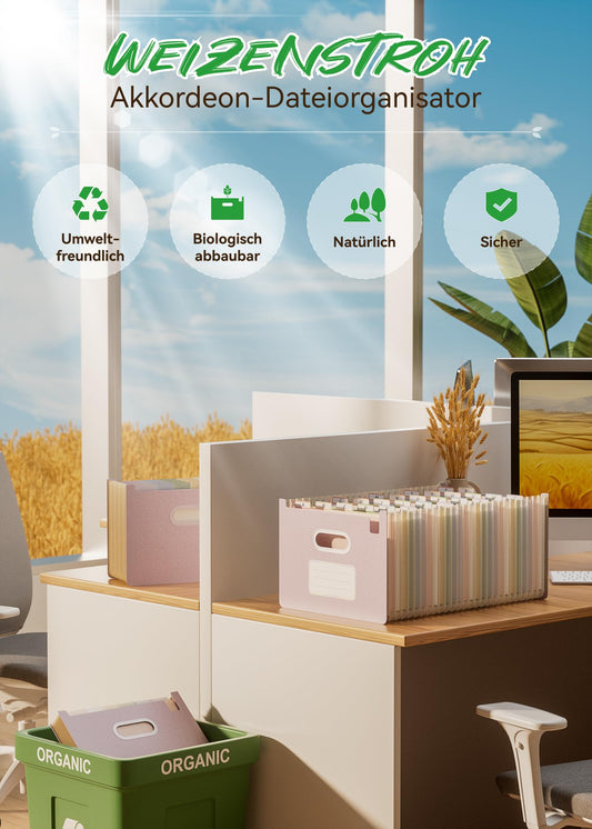 EcoStash A4 Document Folder with 26 compartments, Wheat Straw Sorter with colorful folders, Accordion File Organizer, Vertical and Up Open, BPA-free, Back to Nature, Healthy Living - Lavender Purple.