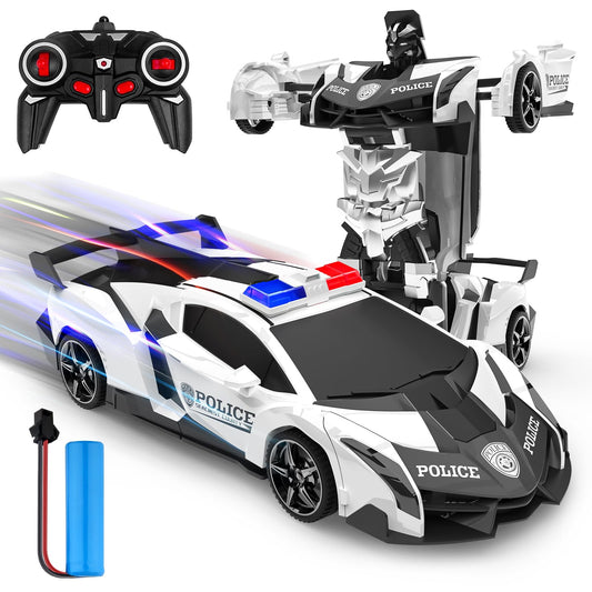 Remote control car, 2 in 1 transformer remote controlled robot kids car 360° rotation RC police car with battery, toy for 3 4 5 6 7 8 9 year old girls gifts games boy gift ideas.
