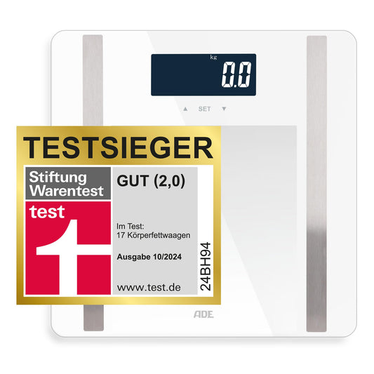 ADE Digital Body Fat Scale Ines up to 200 kg | Top pick 2024 | Personal scale with body fat analysis, BMI, muscle mass, body water, weight, BMR | Scale with user recognition | white.